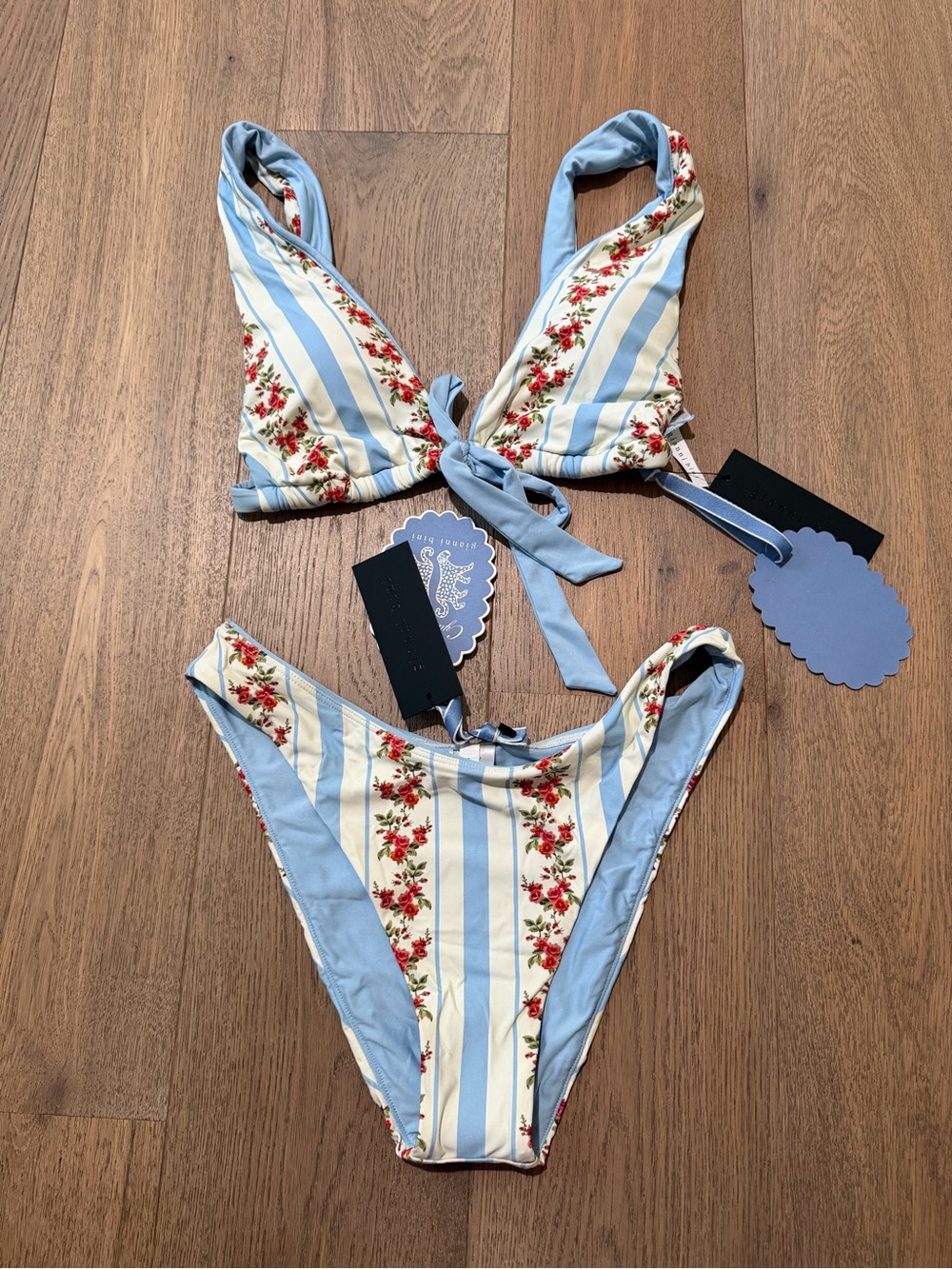 Gianni Bini Blue & Cream Floral Trim Bikini Top